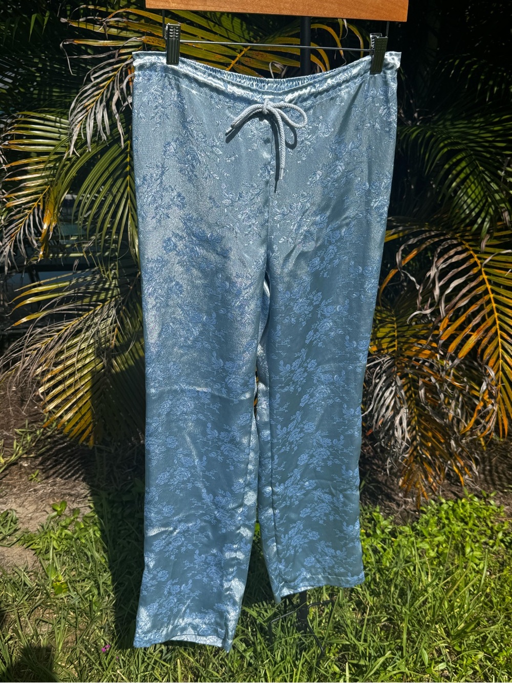 Y2k vintage Victoria's Secret blue satin jacquard floral pj pants size Small